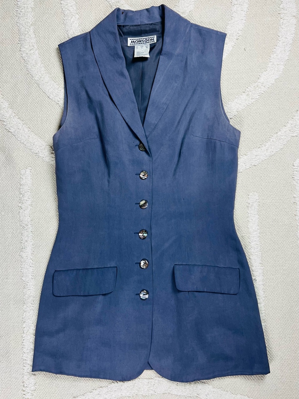 Vintage 90s Silk Longline Vest Blazer – Slate Blue & Lavender – XS/S